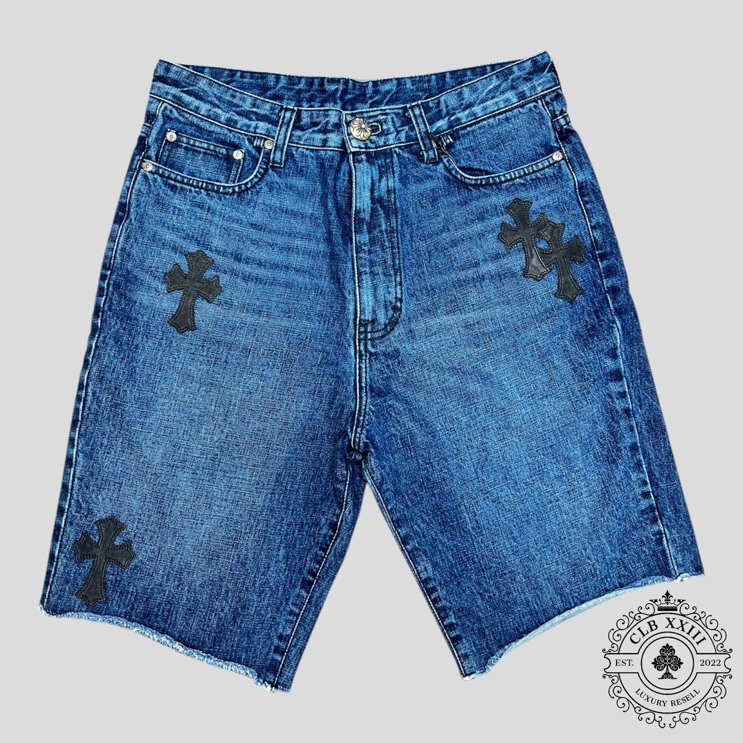 Chrome Hearts Leather Cross Patch Jean Shorts in Dark Wash