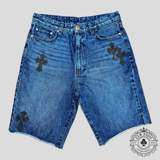 Chrome Hearts Leather Cross Patch Jean Shorts in Dark Wash