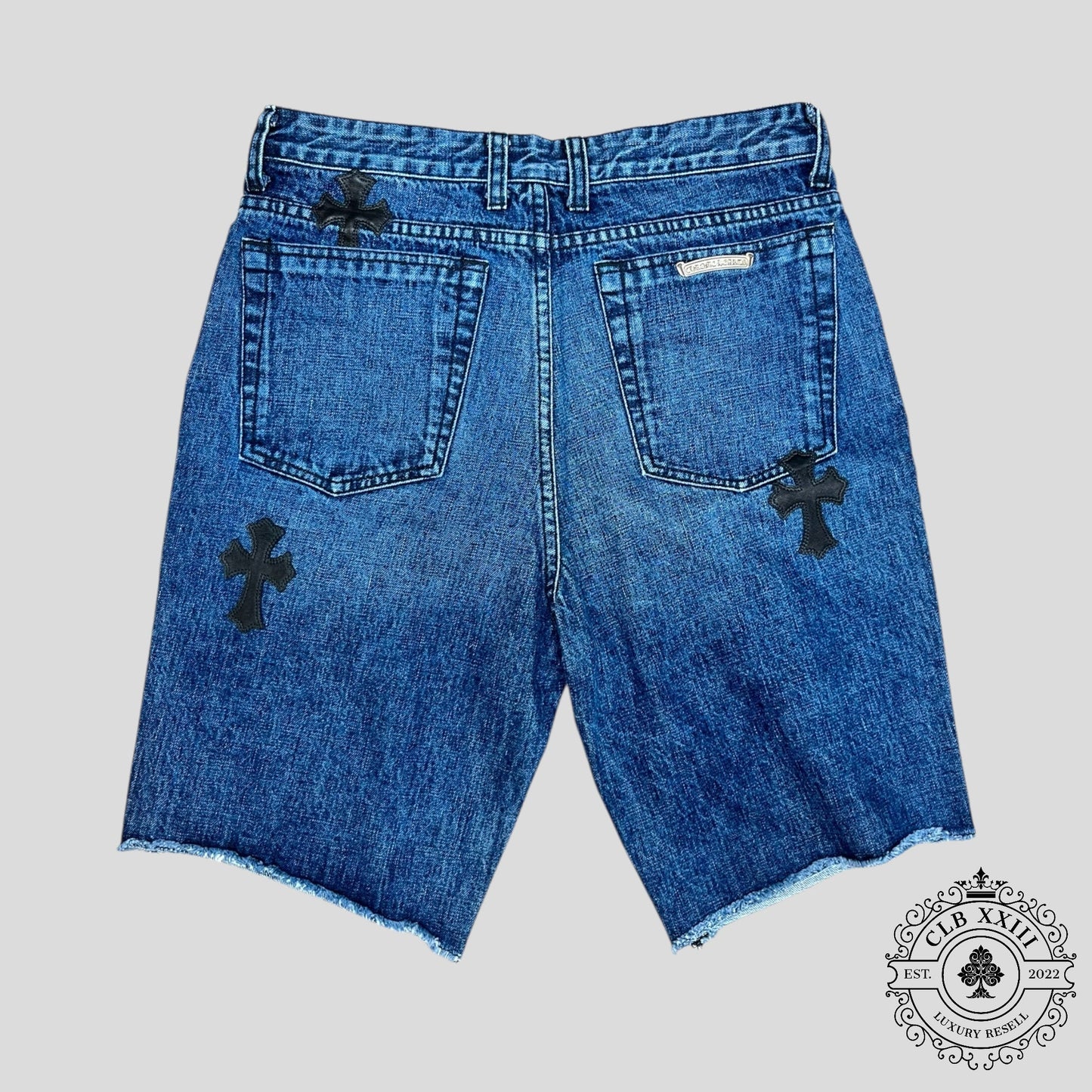 Chrome Hearts Leather Cross Patch Jean Shorts in Dark Wash