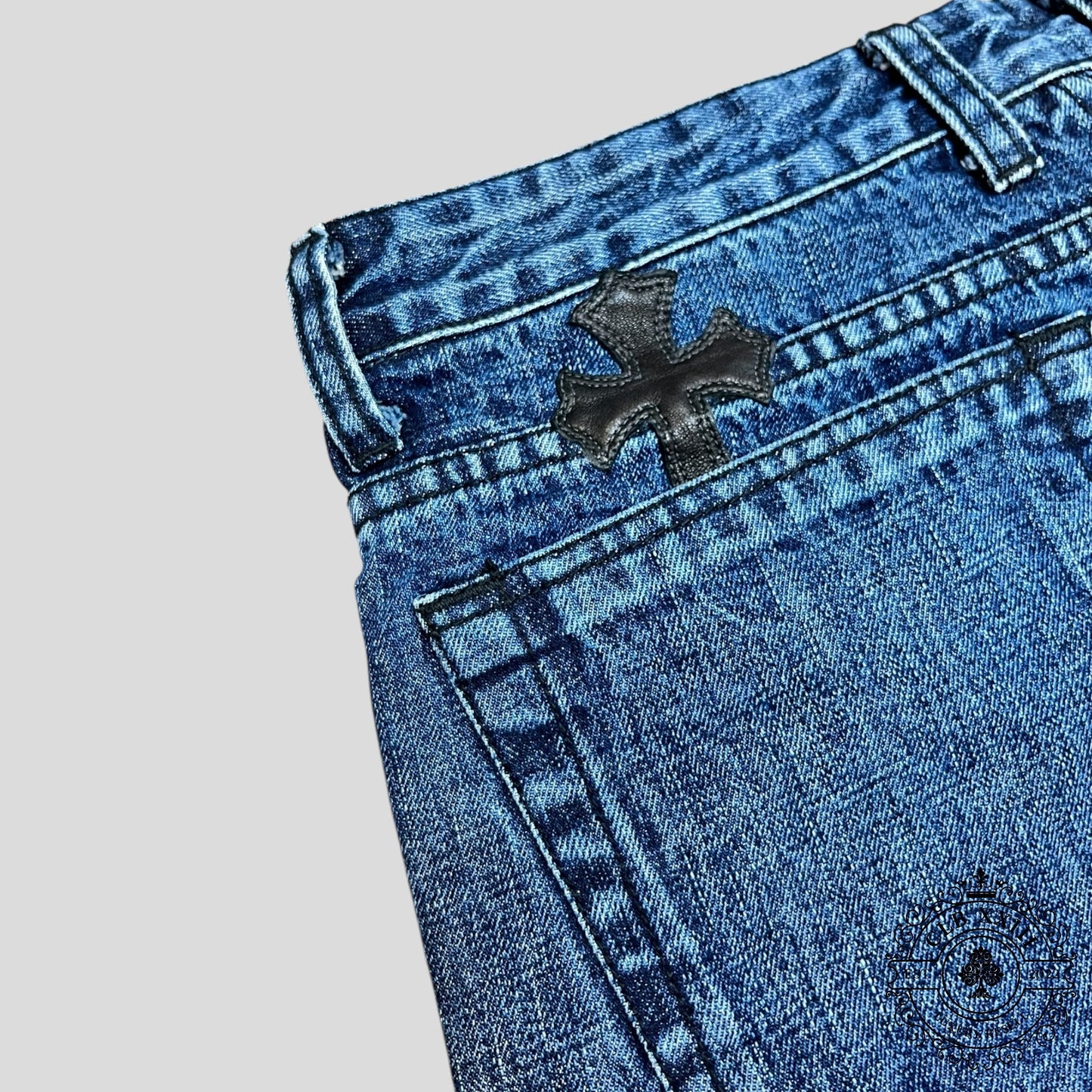 Chrome Hearts Leather Cross Patch Jean Shorts in Dark Wash