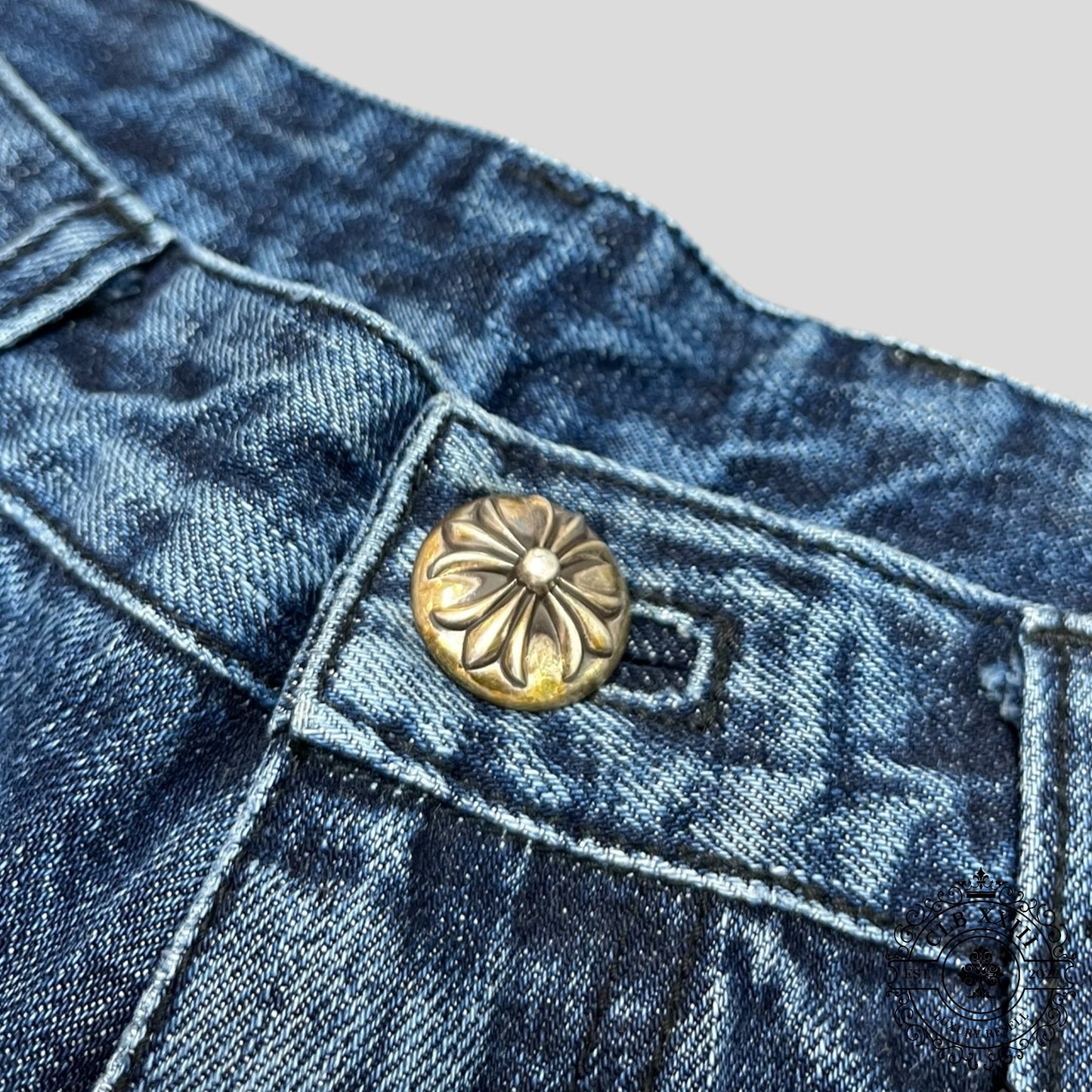 Chrome Hearts Leather Cross Patch Jean Shorts in Dark Wash